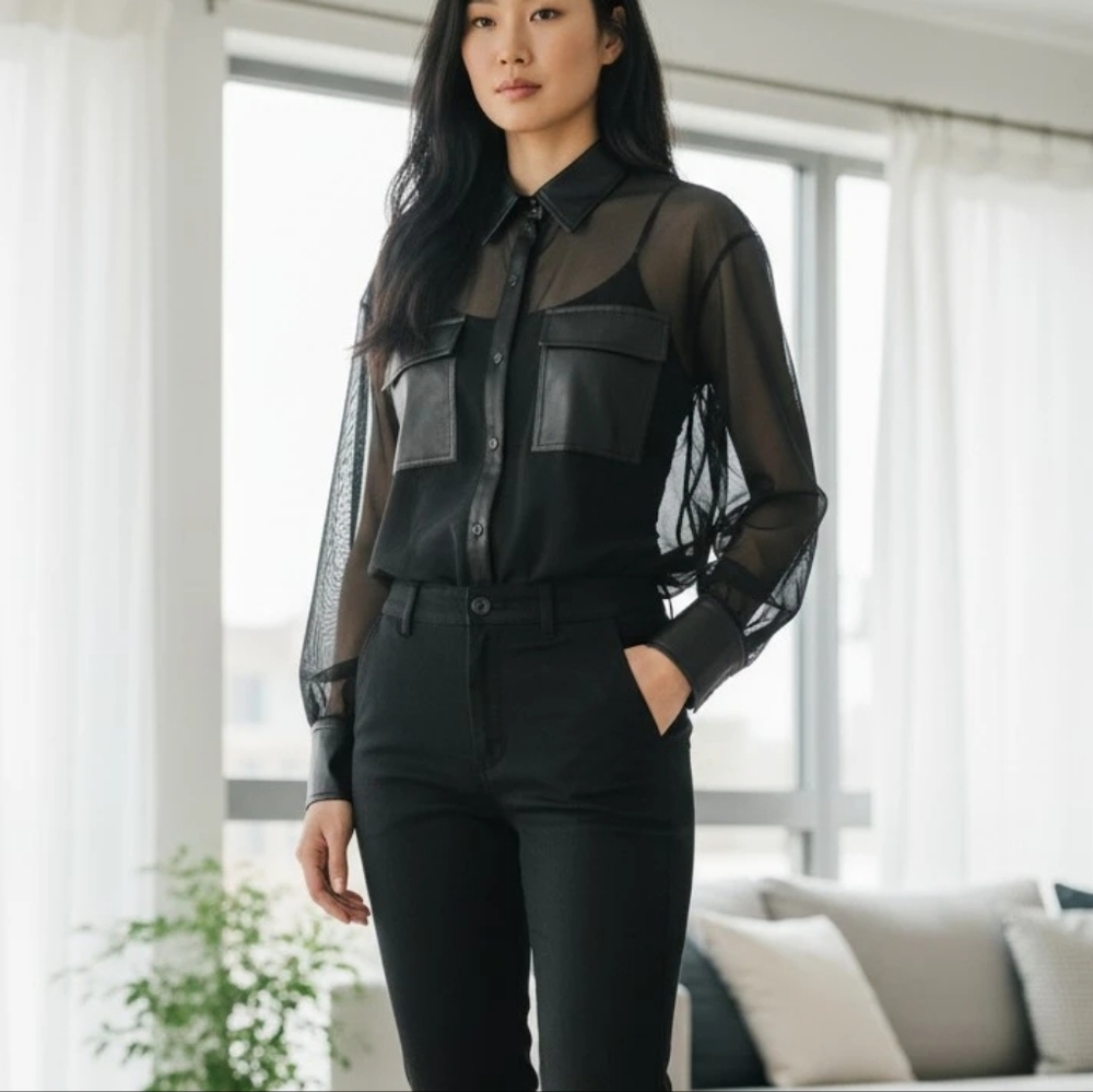 Manière de Voir Black Faux Leather Sheer Bodysuit